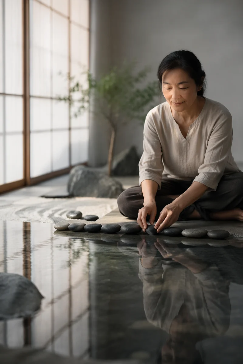 Woman Arranging Stones in Indoor Zen Garden