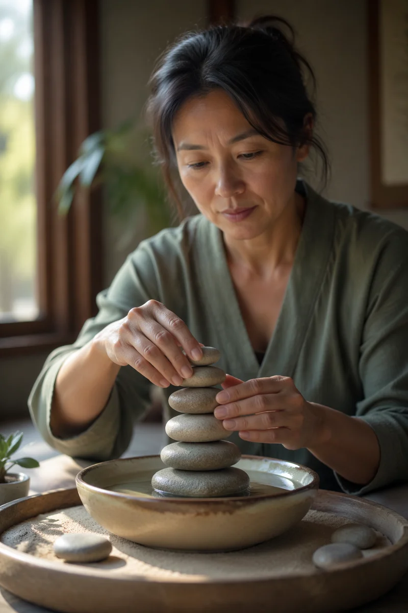 Woman Stacking River Stones by Still Water