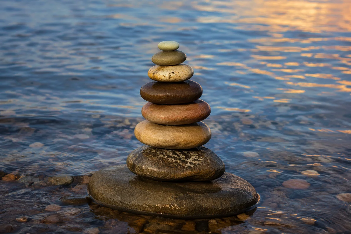 Peaceful River Stone Cairn at Still Water