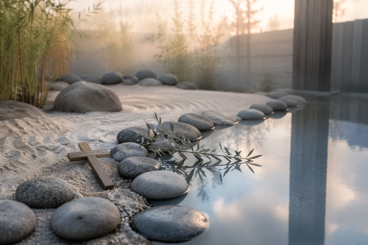 Peaceful Prayer Garden With Still Water