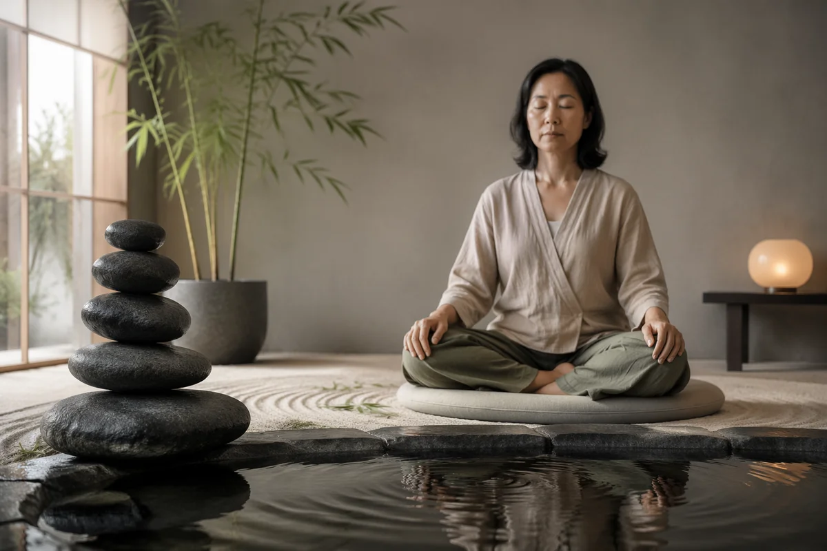 Woman in Minimalist Indoor Zen Garden