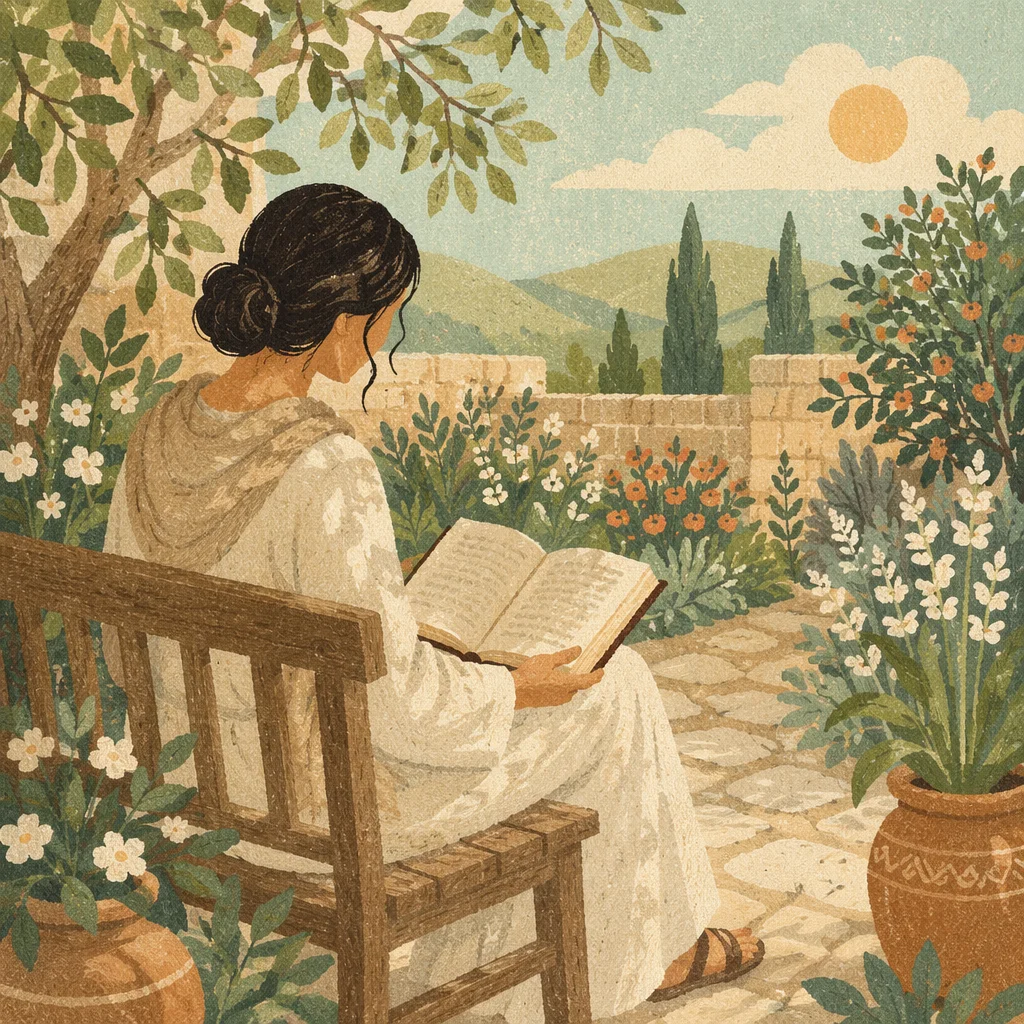 Peaceful Scripture Reading in Sunlit Garden