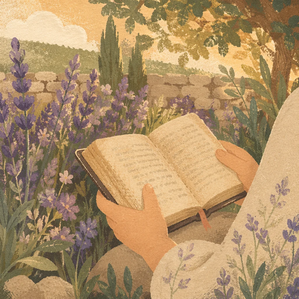 Peaceful Scripture Reading in Sunlit Garden