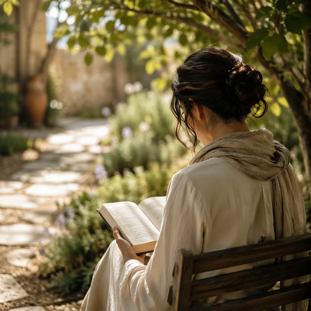 Peaceful Scripture Reading in Sunlit Garden