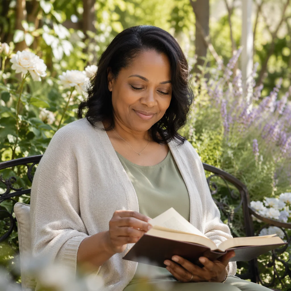 Woman Reading on Sunlit Garden Bench