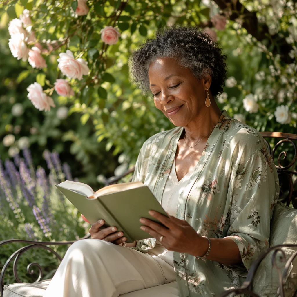 Woman Reading on Sunlit Garden Bench