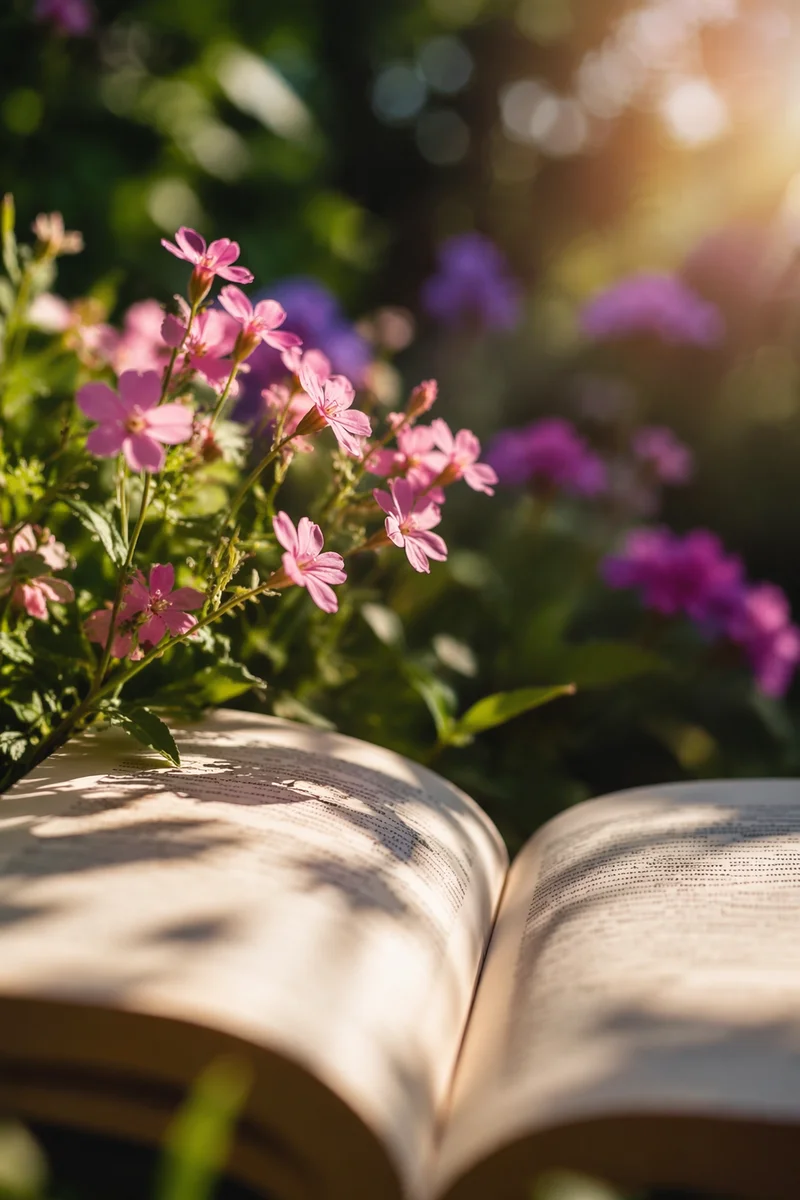 Open Scripture in Sunlit Garden Reflection