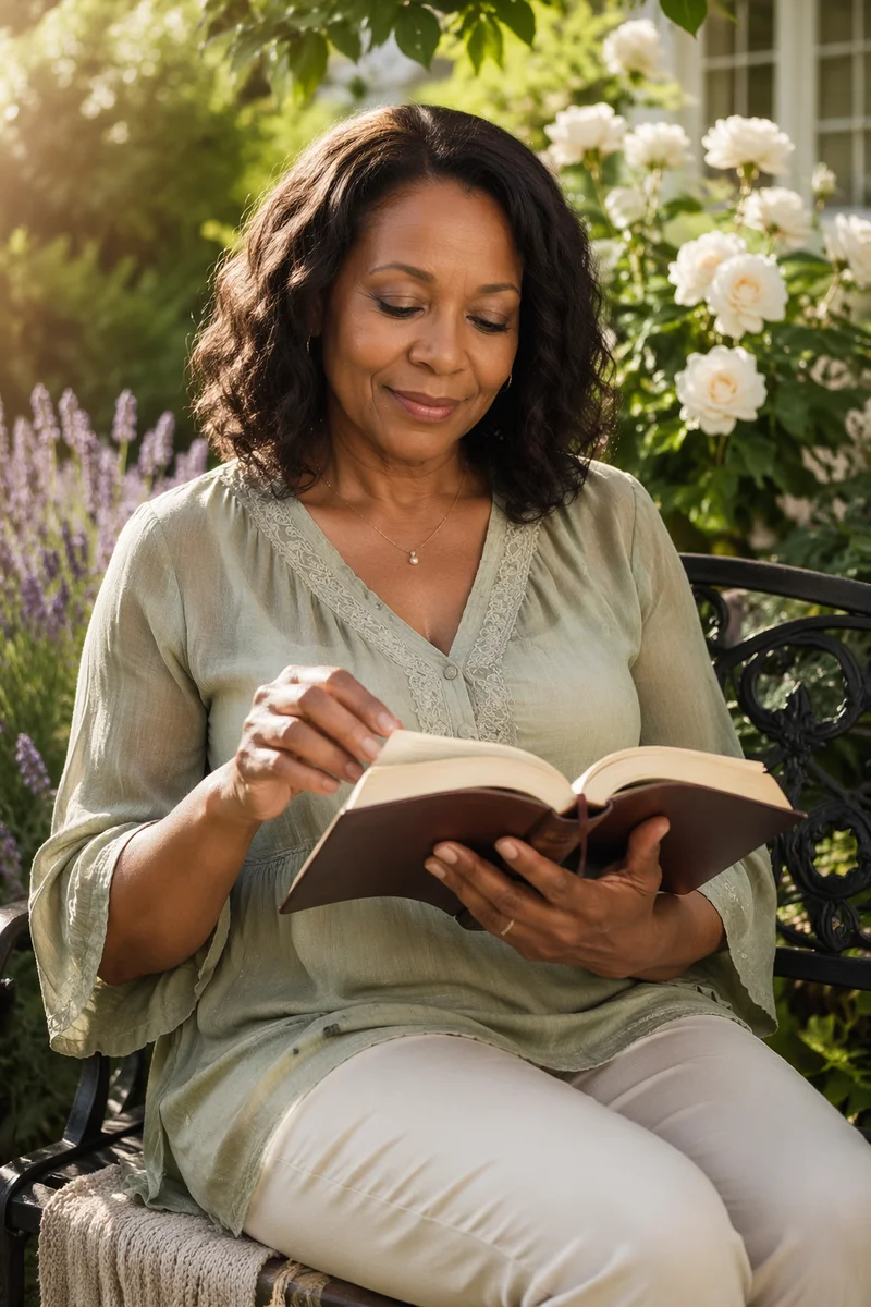Woman Reading on Sunlit Garden Bench