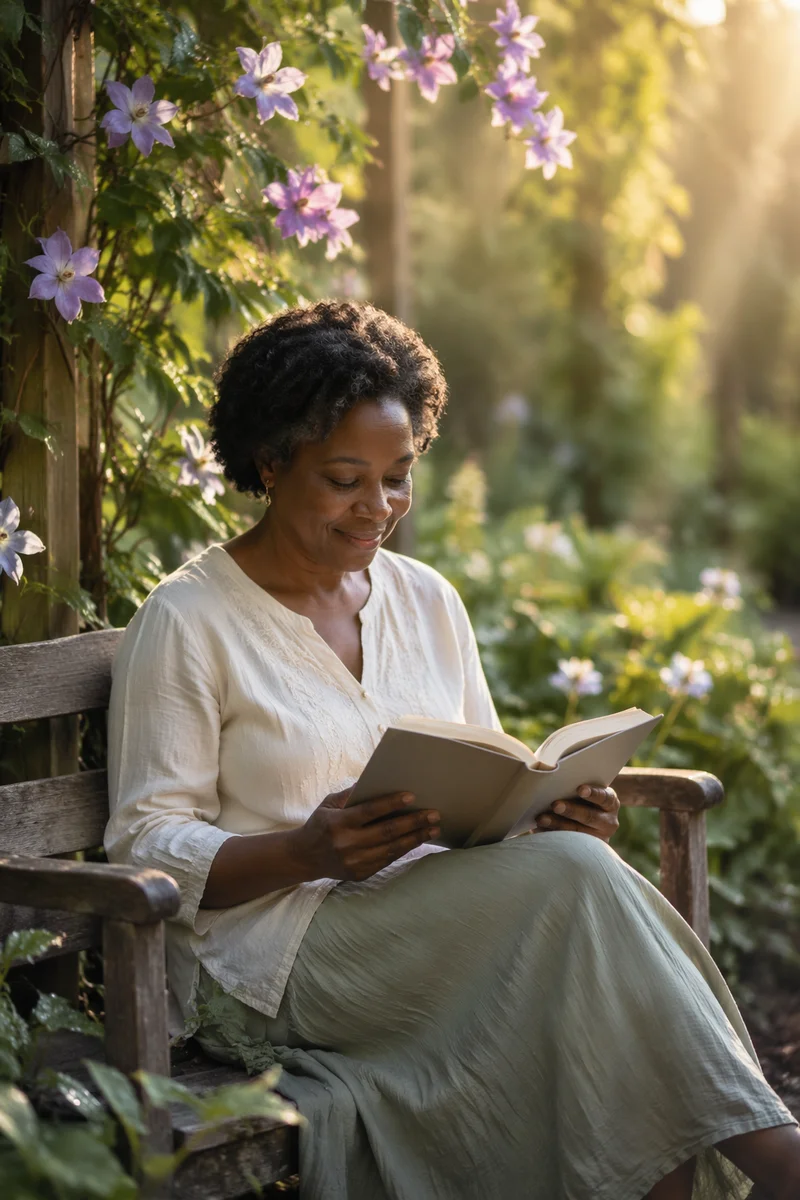 Peaceful Woman Reading in Sunlit Garden
