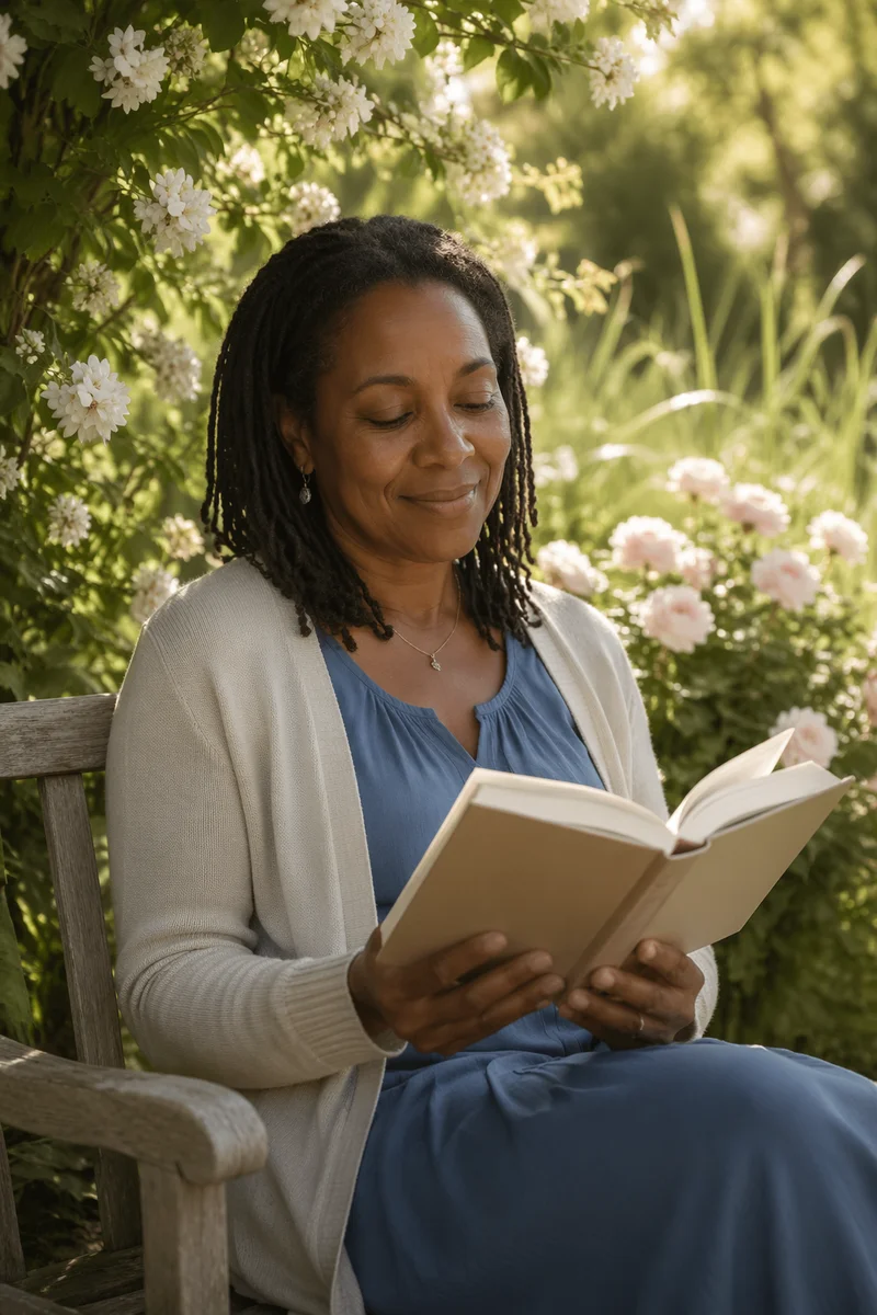 Woman Reading on Garden Bench