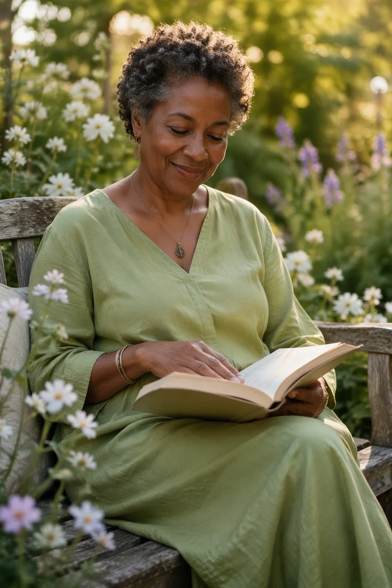 Peaceful Woman Reading on Garden Bench