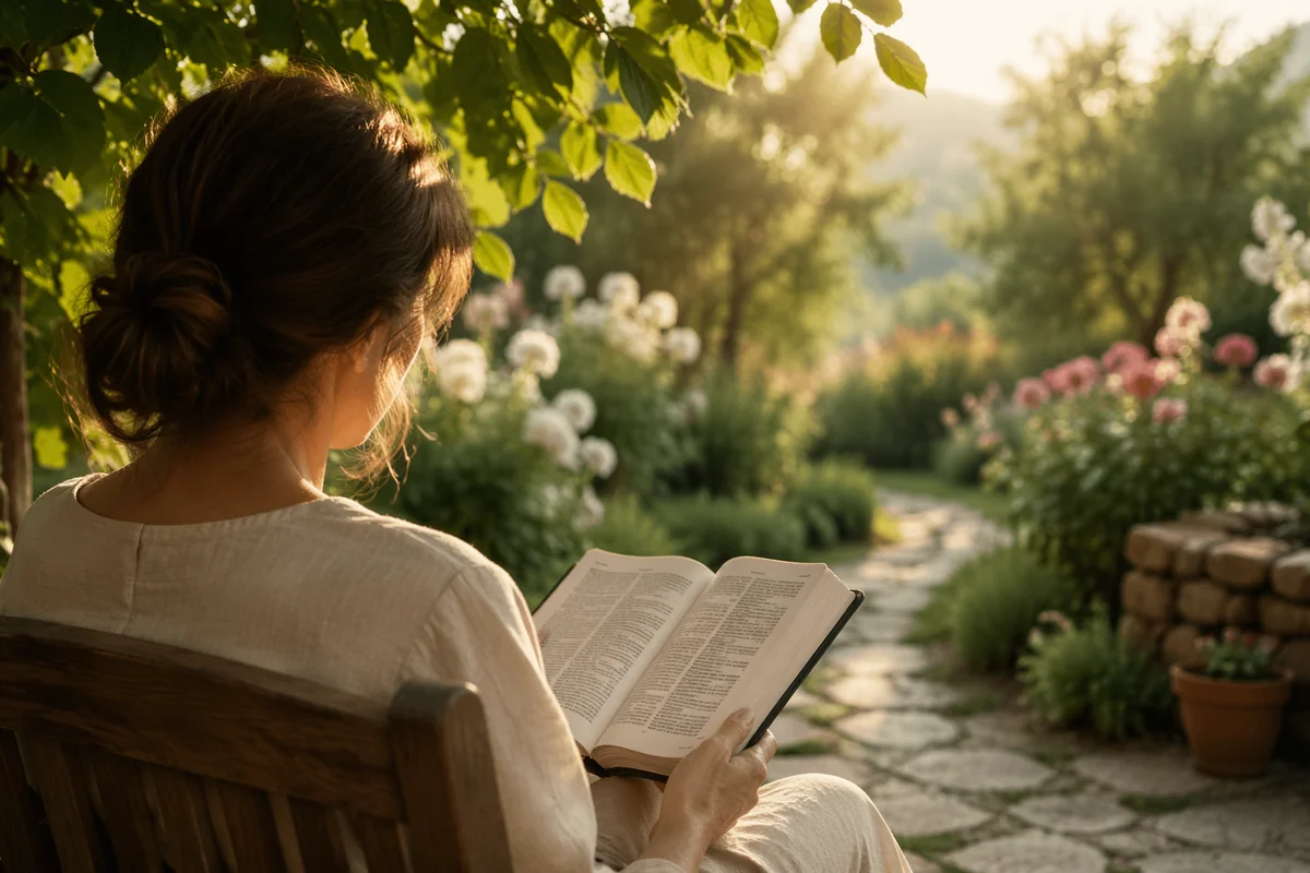 Peaceful Scripture Reading in Sunlit Garden