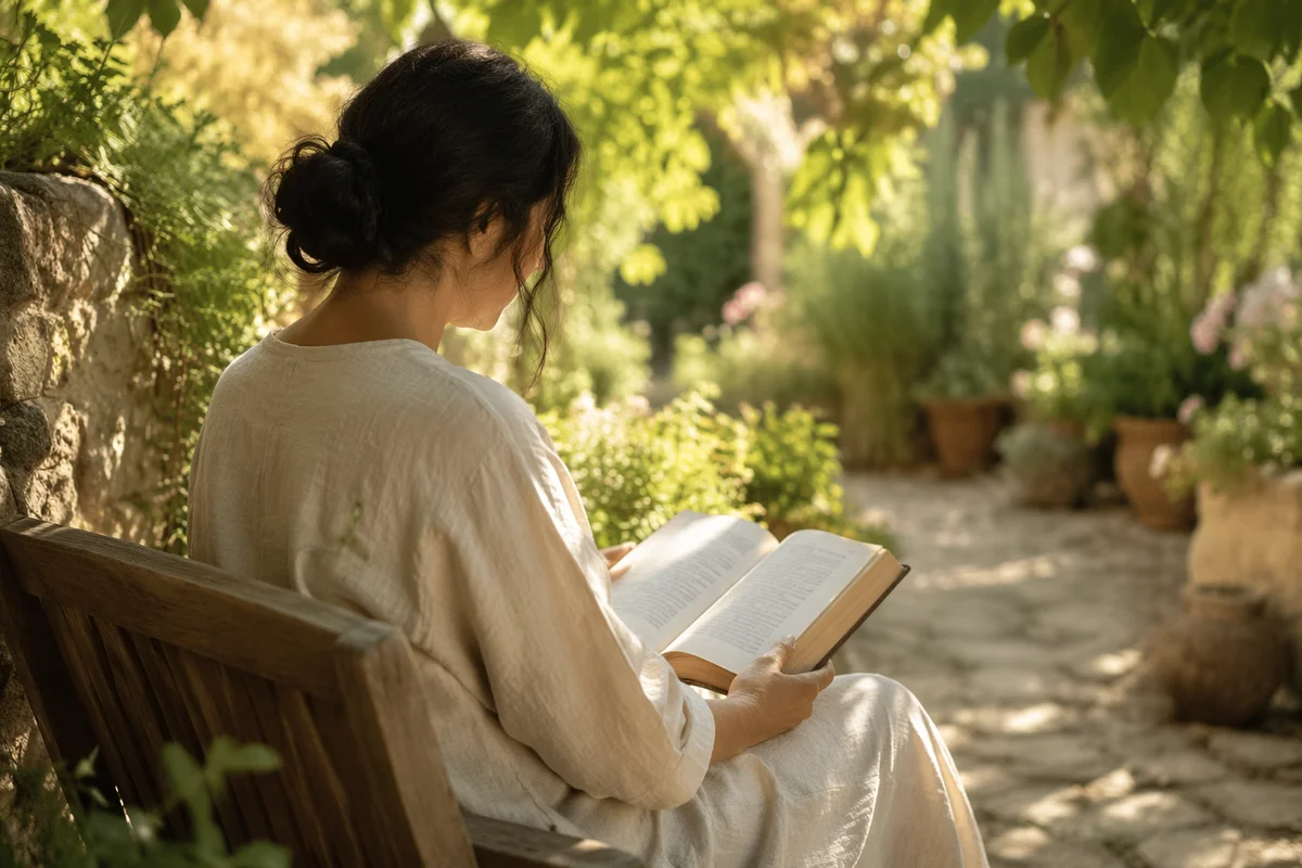 Peaceful Scripture Reading in Sunlit Garden