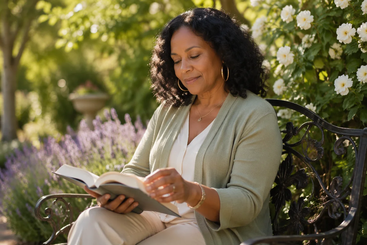 Woman Reading on Garden Bench