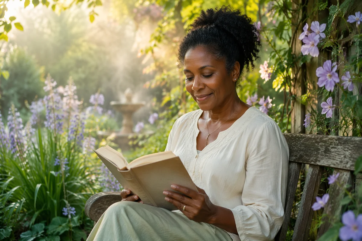 Woman Reading on Garden Bench