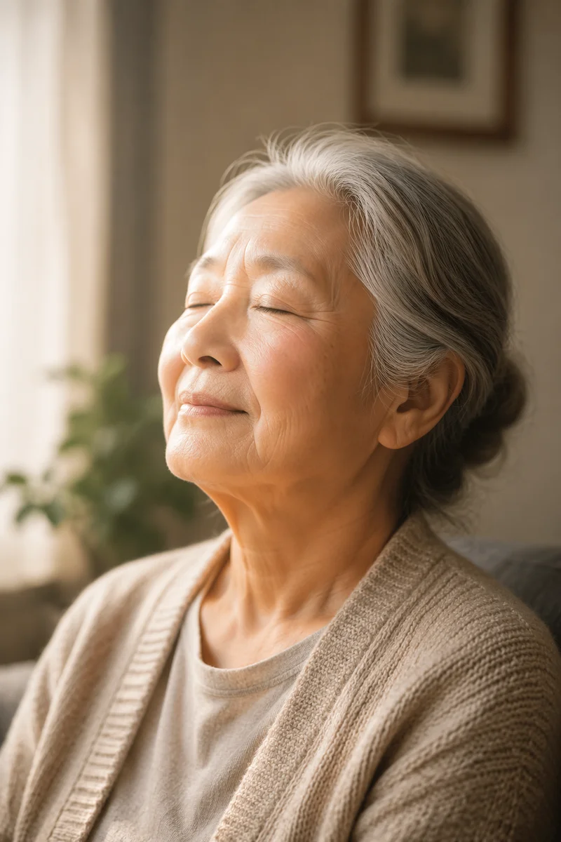 Peaceful Elderly Woman by Window Close-Up