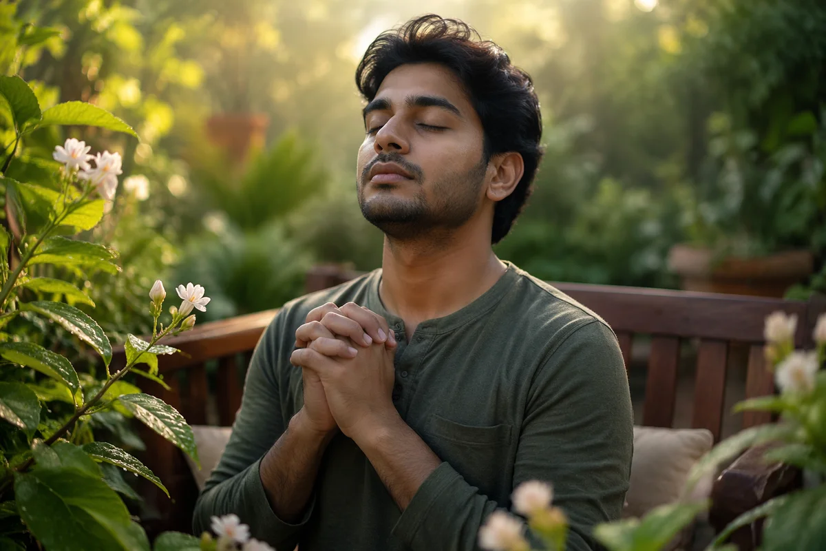 Peaceful Young Man in Garden Sunrise