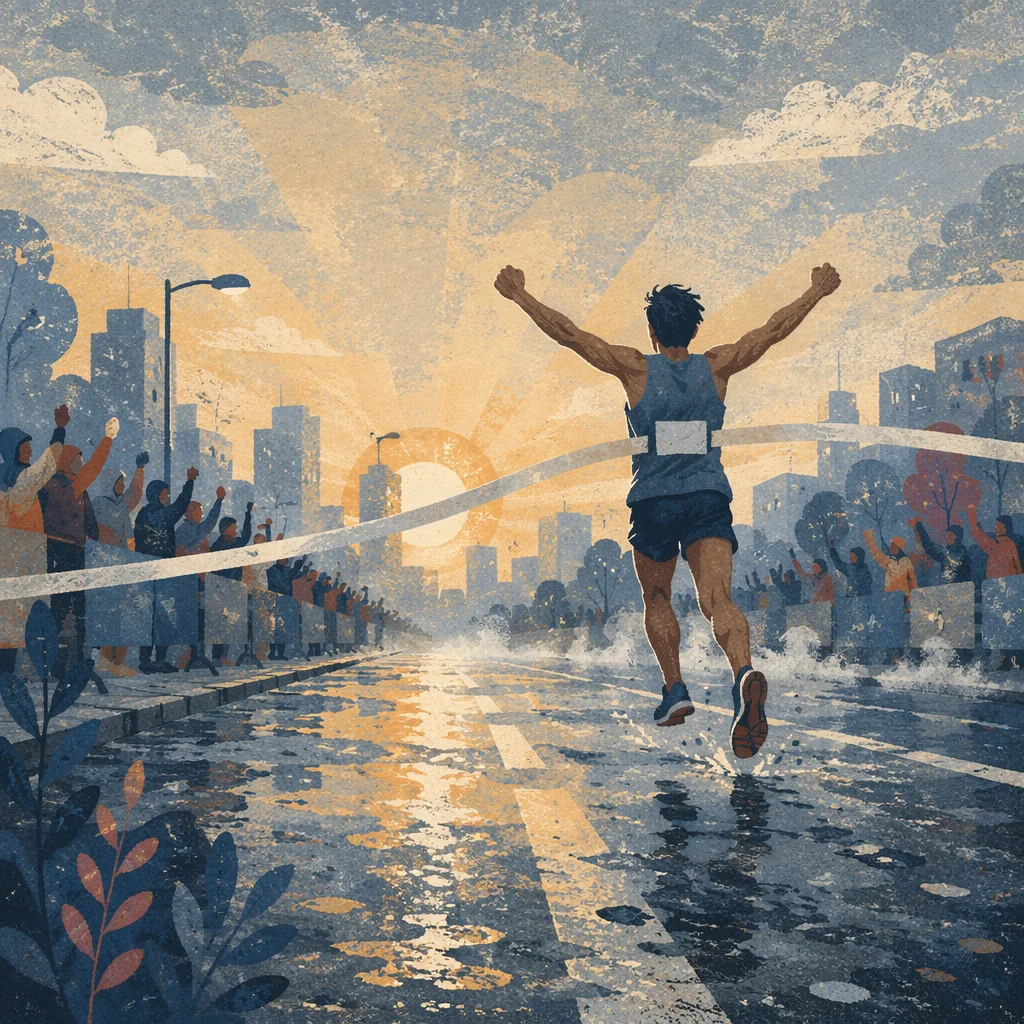 Runner Crossing Finish Line at Dawn