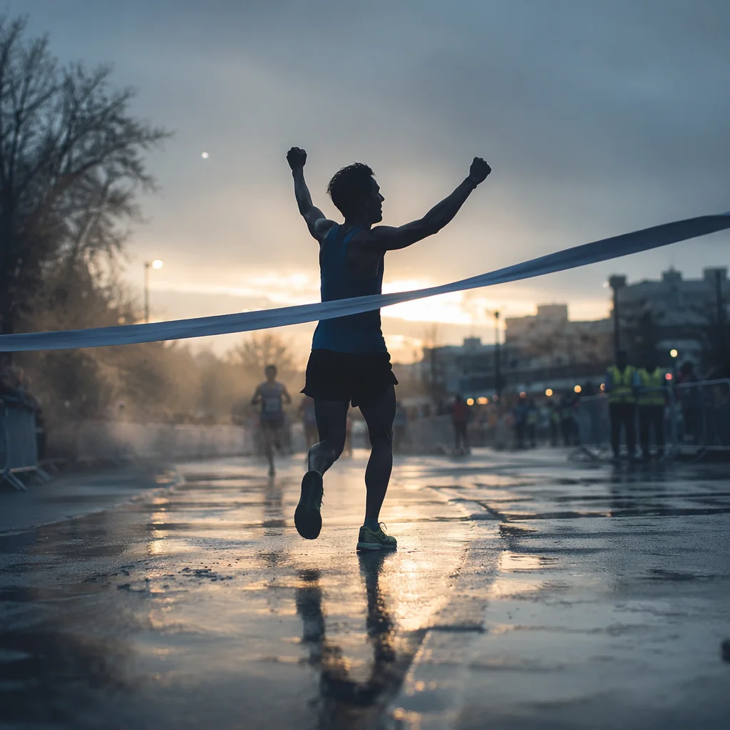 Runner Crossing Finish Line at Dawn