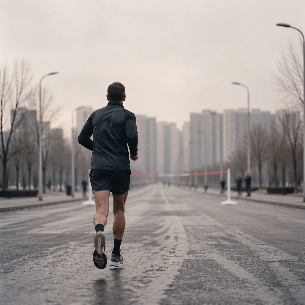 Determined Runner Approaching Distant Finish Line