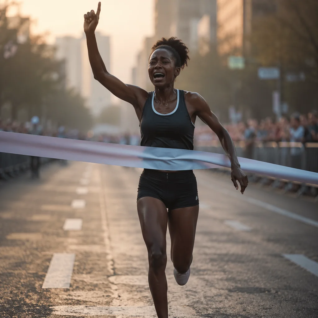 Runner Breaking Finish Tape at Dawn
