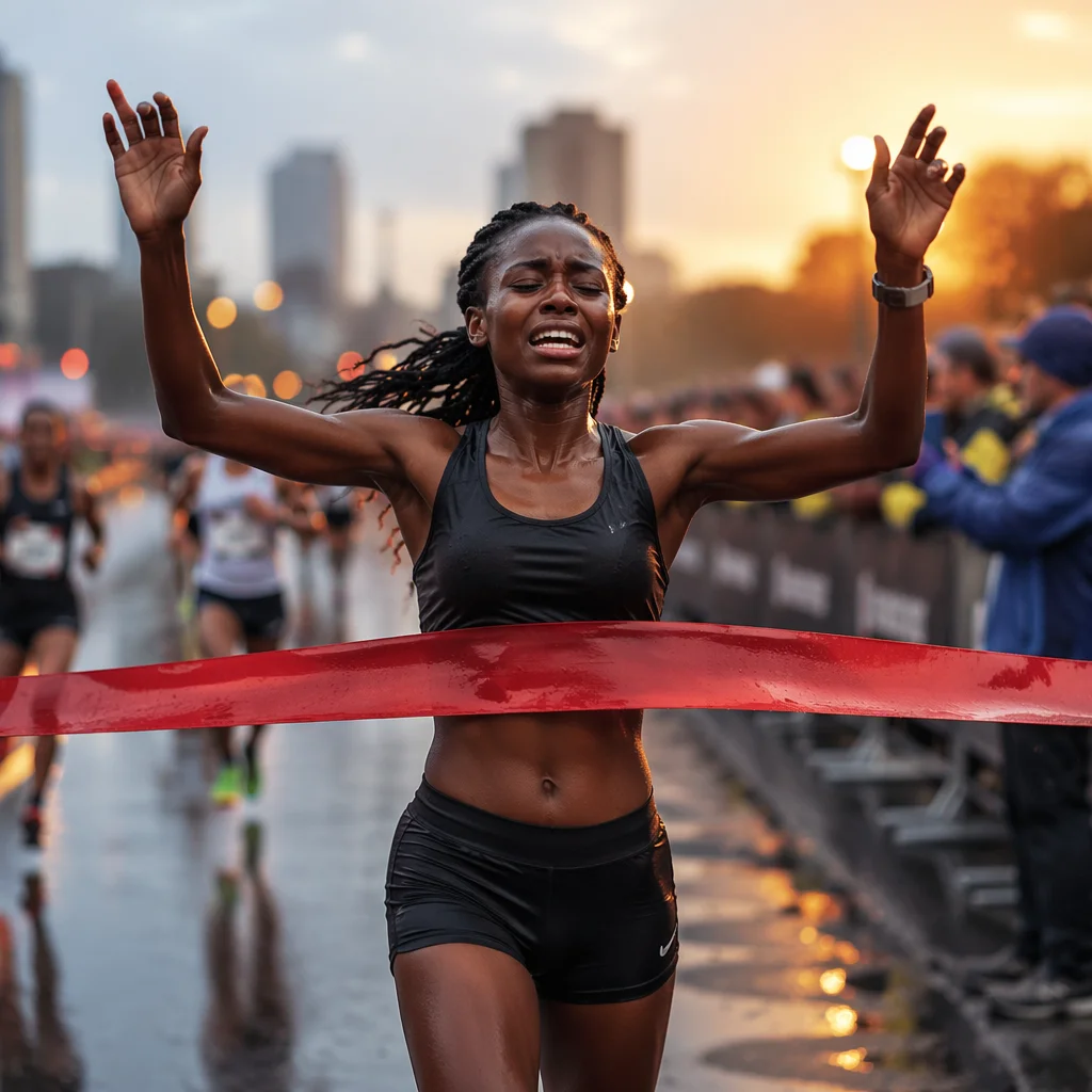 Runner Breaking Finish Tape at Dawn