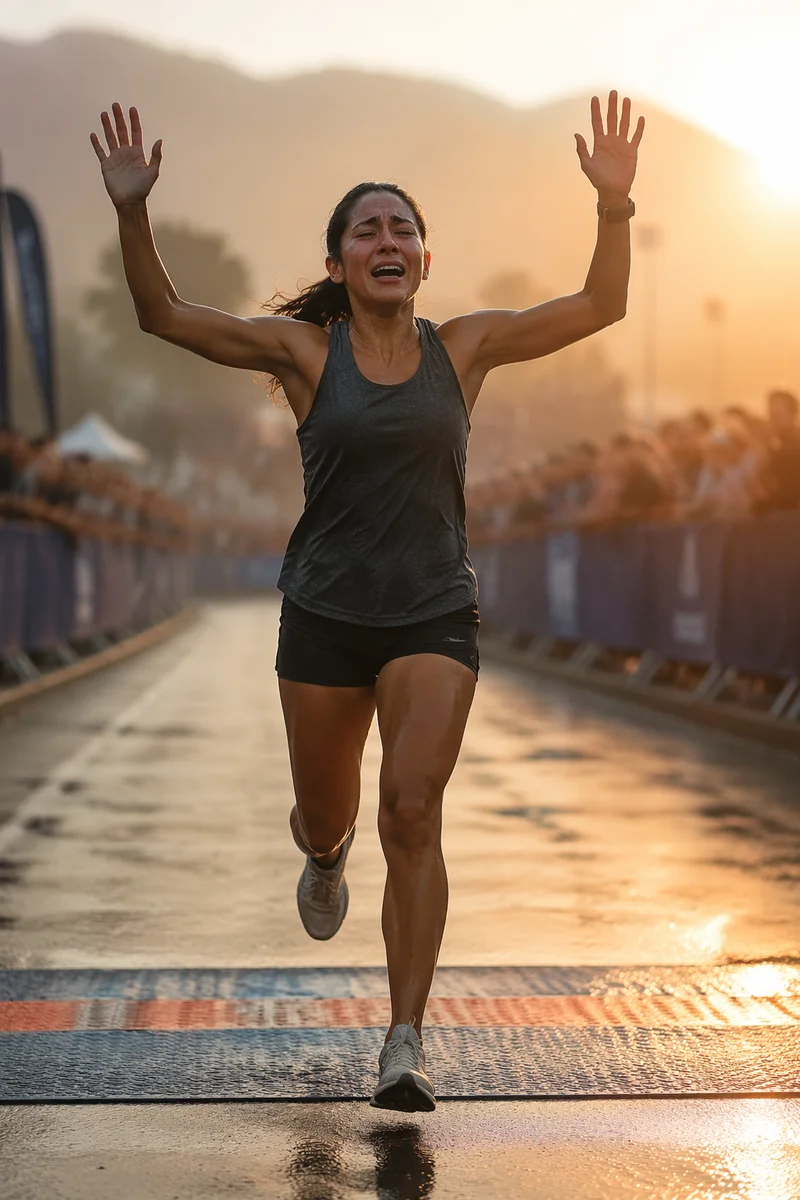 Runner Crossing Finish Line at Dawn
