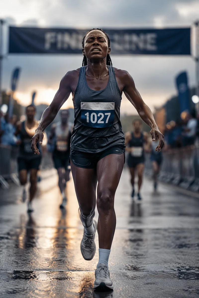 Determined Runner Crossing Finish Line at Dawn