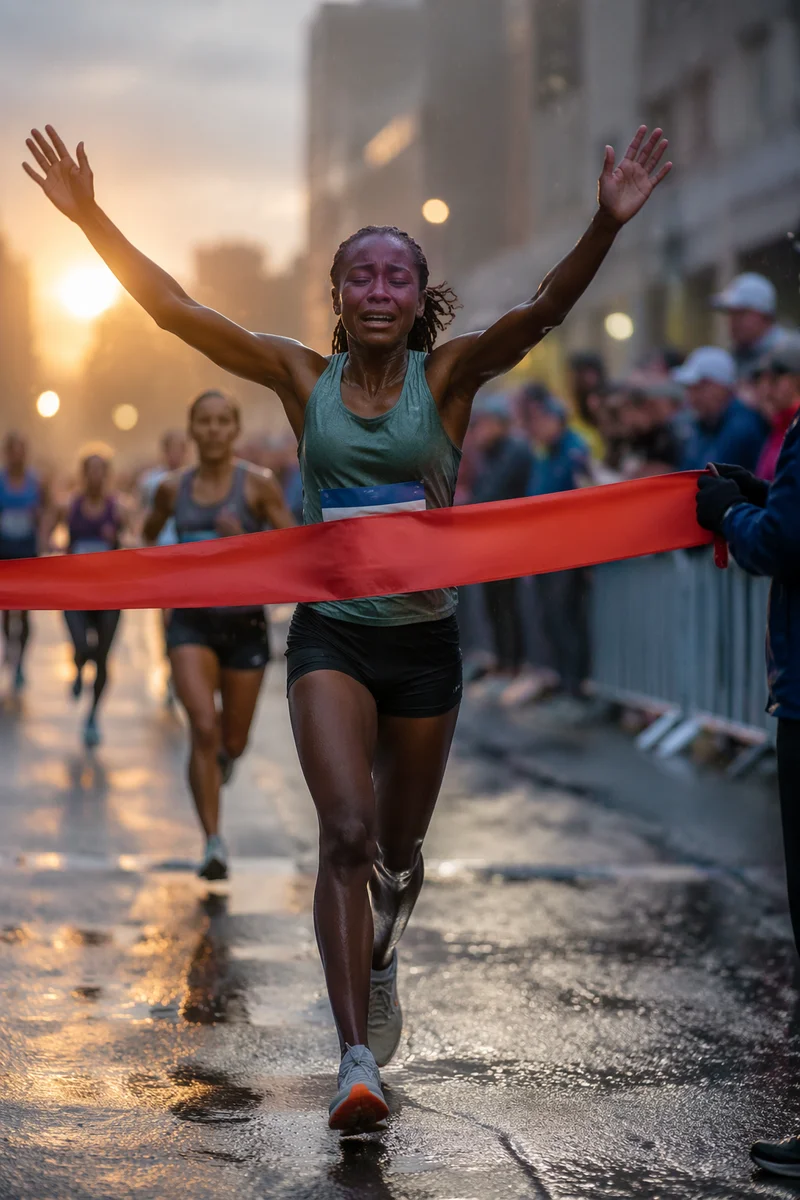 Runner Breaking Finish Tape at Dawn