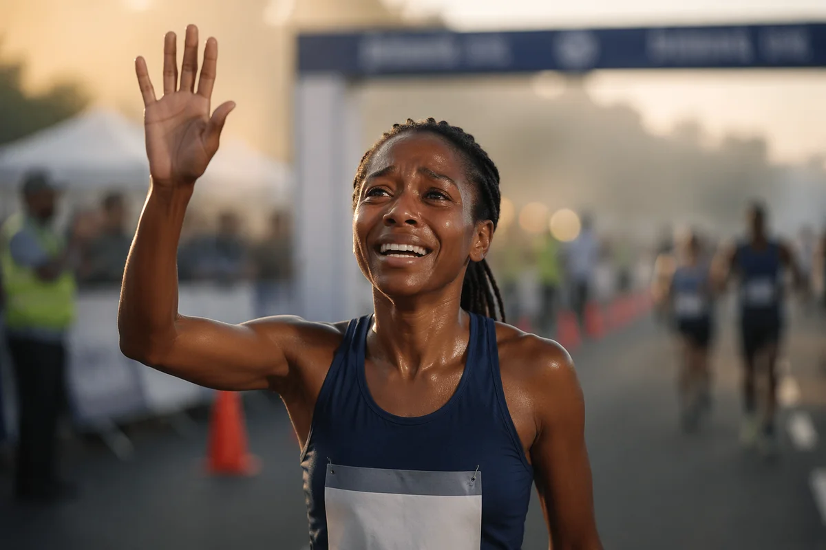 Runner Crossing Finish Line at Dawn