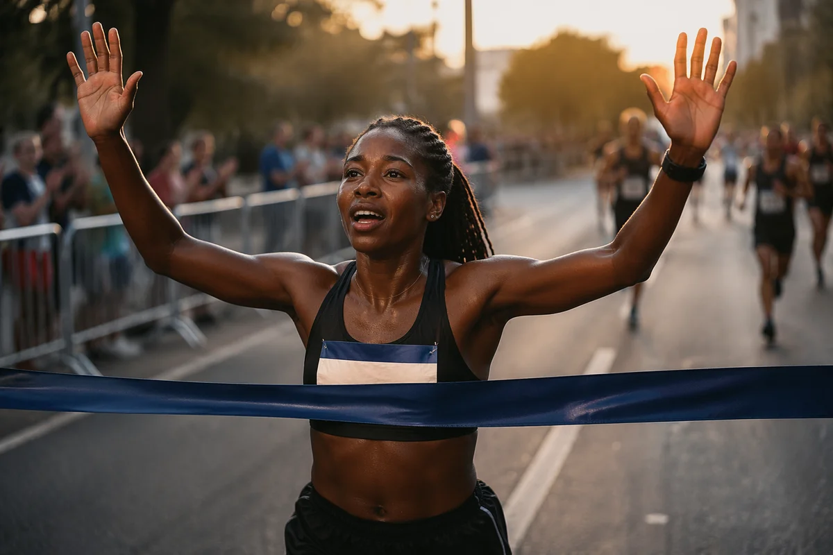 Runner Breaking Finish Tape at Dawn