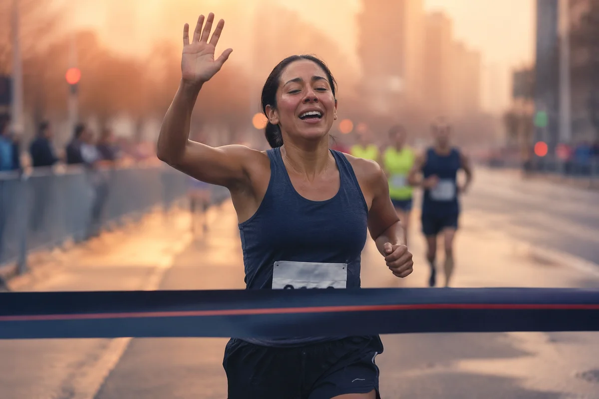 Runner Crossing Finish Line at Dawn