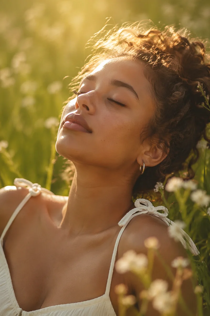 Peaceful Woman in Summer Sunlight Close-Up