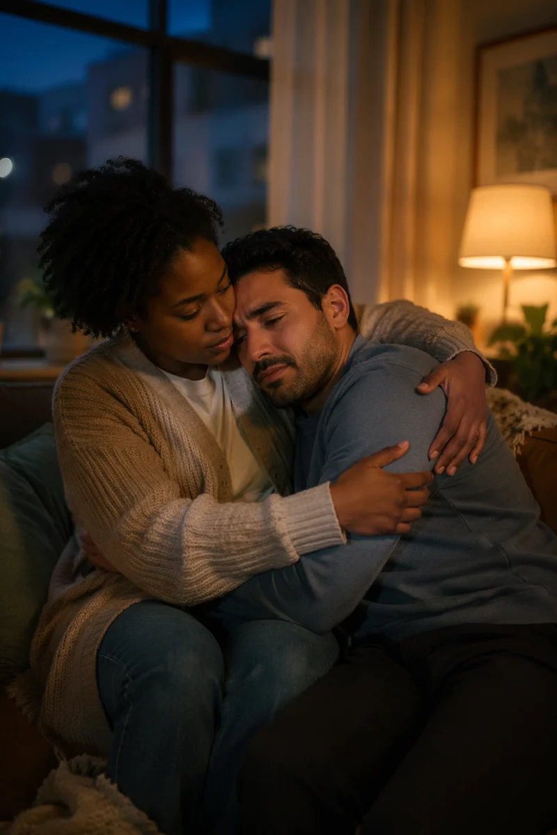 Friends Embracing on Sofa at Dusk