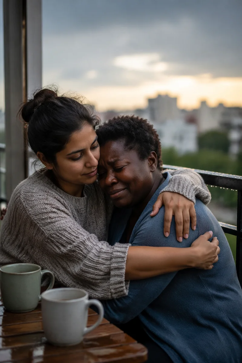Friends Embracing on Rainy Balcony