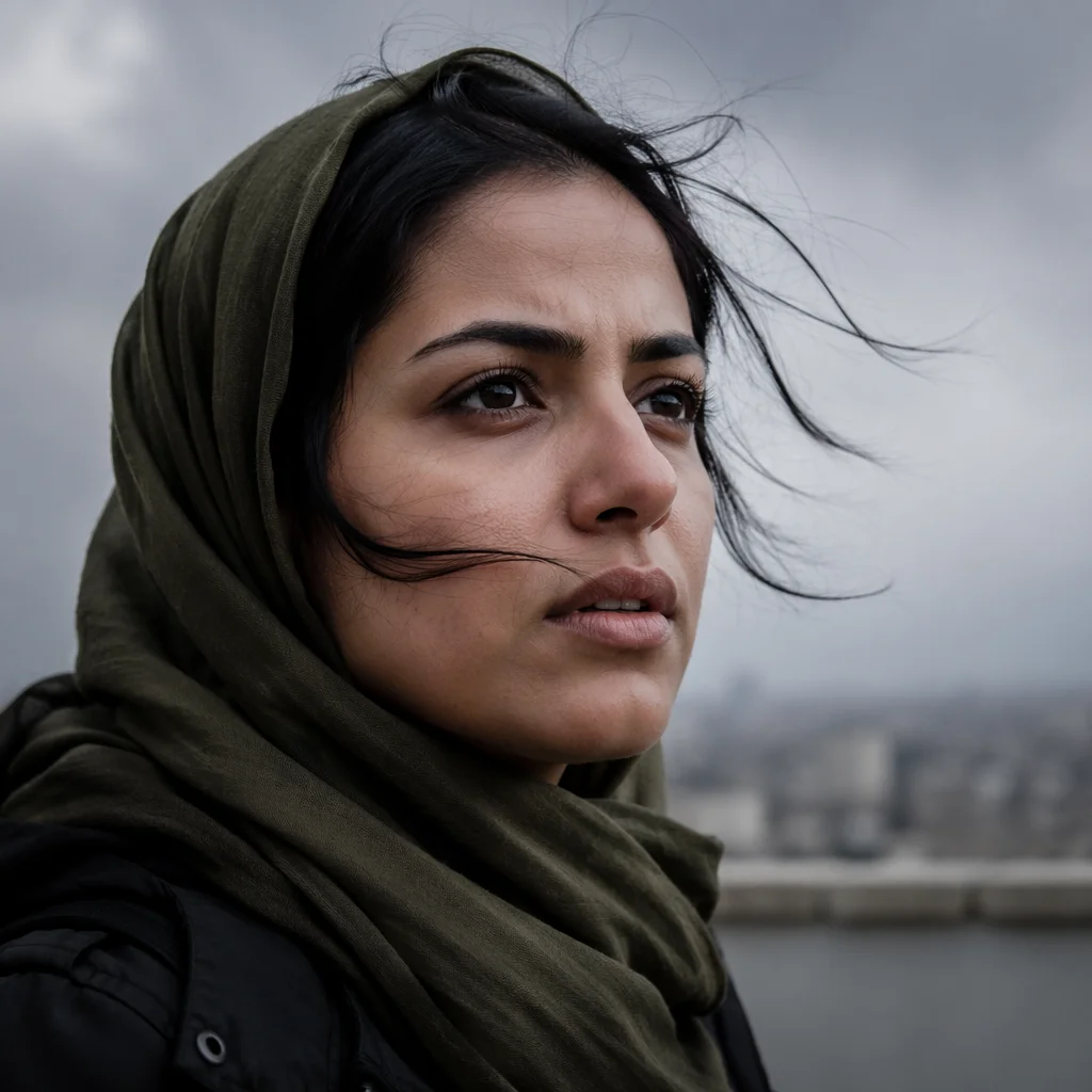Courageous Woman Facing Windy Overcast Day