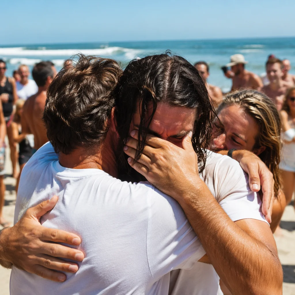 Tearful Joyful Beach Reunion Embrace