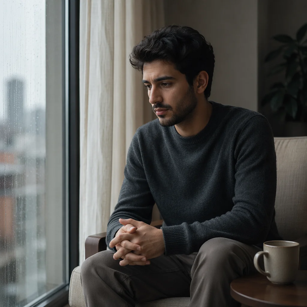 Contemplative Man by Rainy Apartment Window