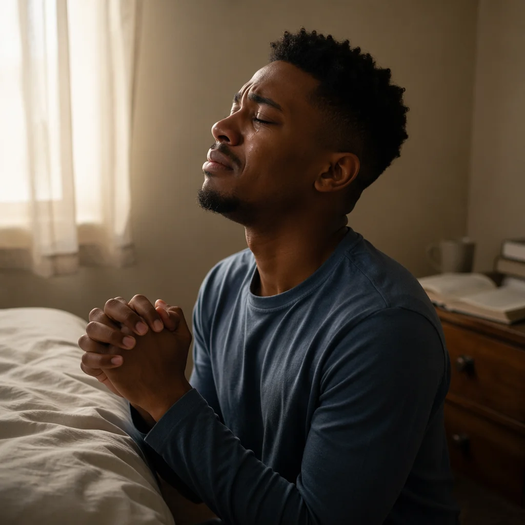 Young Man Praying Beside Bed at Dawn