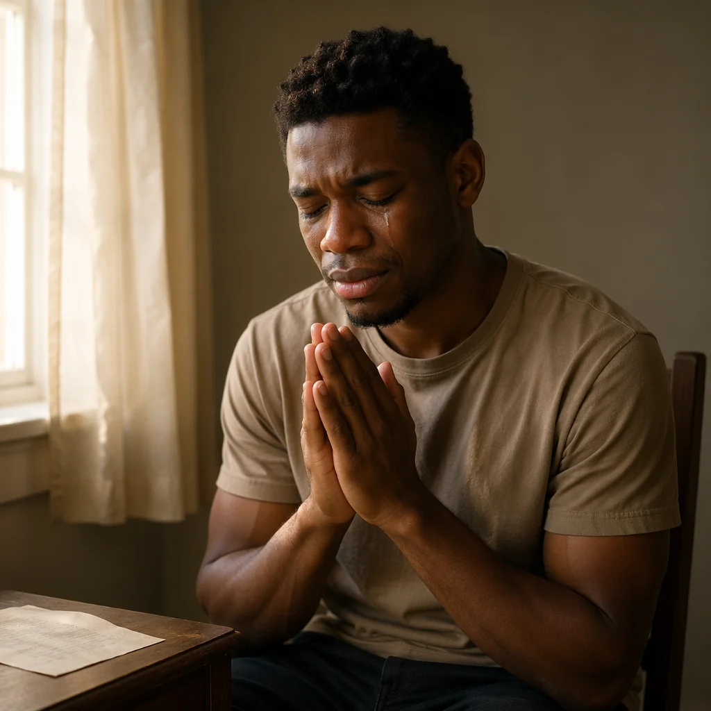 Young Man Praying by Sunlit Window