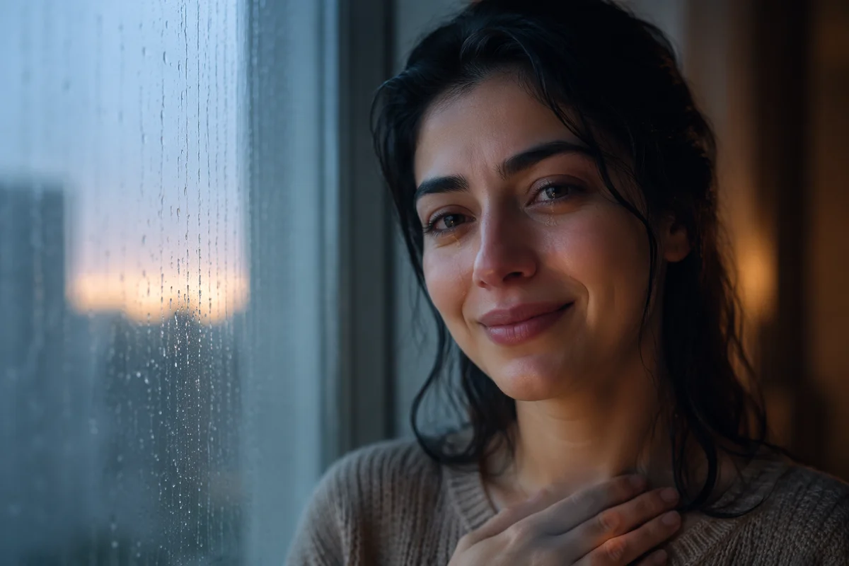 Hopeful Young Woman by Rainy Window