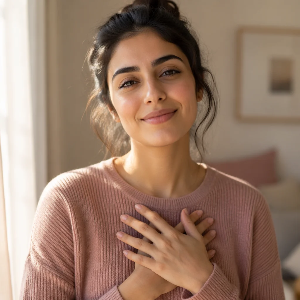 Grateful Young Woman with Hands on Heart
