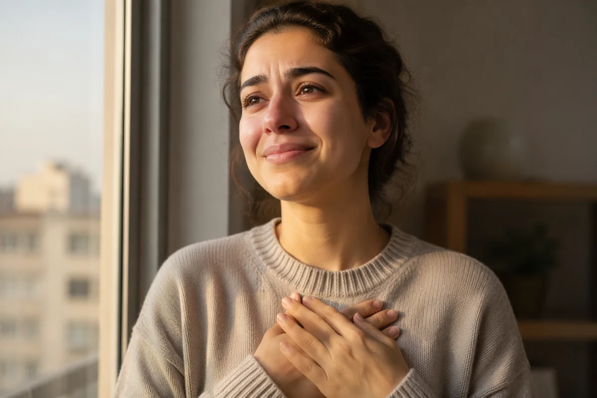Grateful Young Woman by Sunlit Window