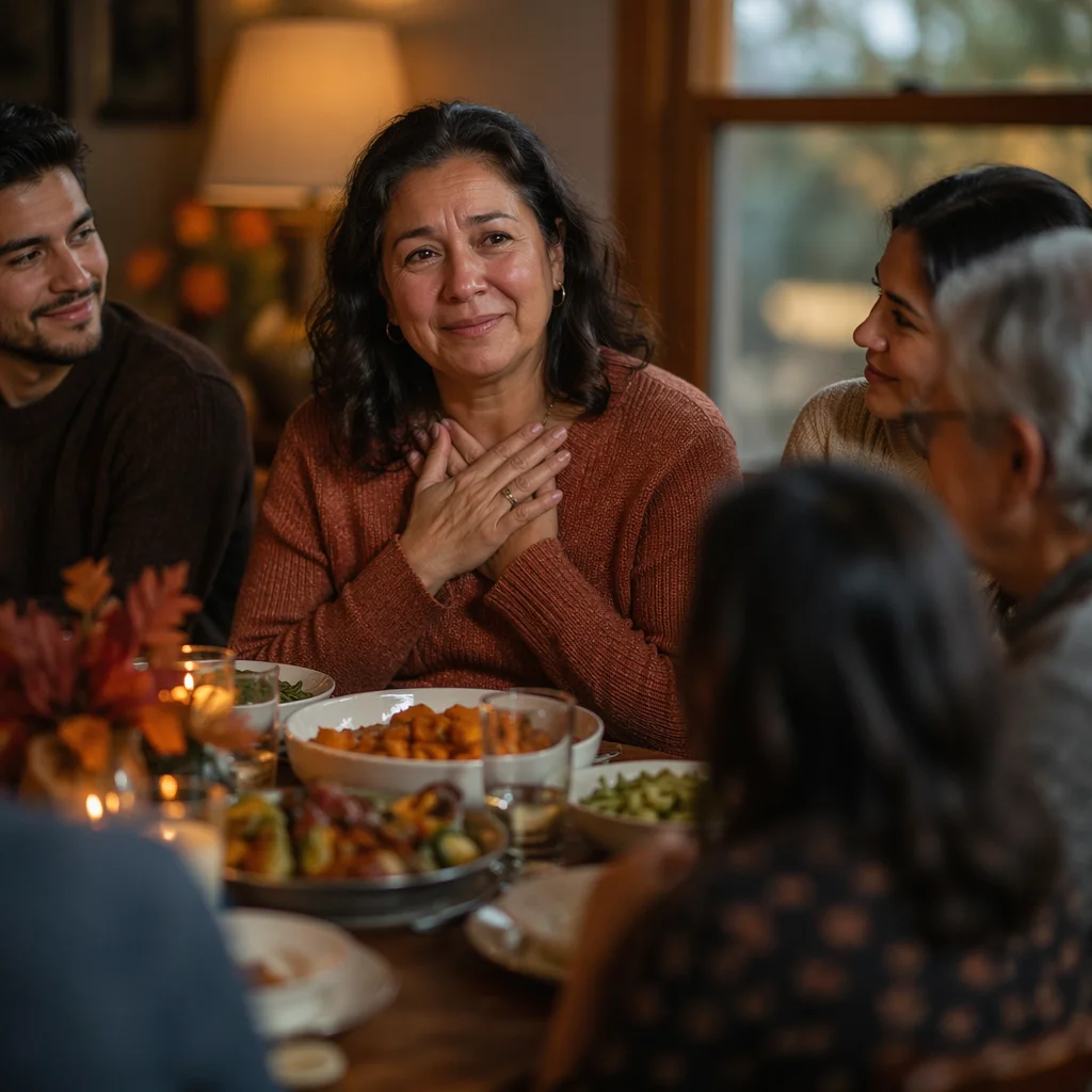 Grateful Woman at Autumn Family Dinner