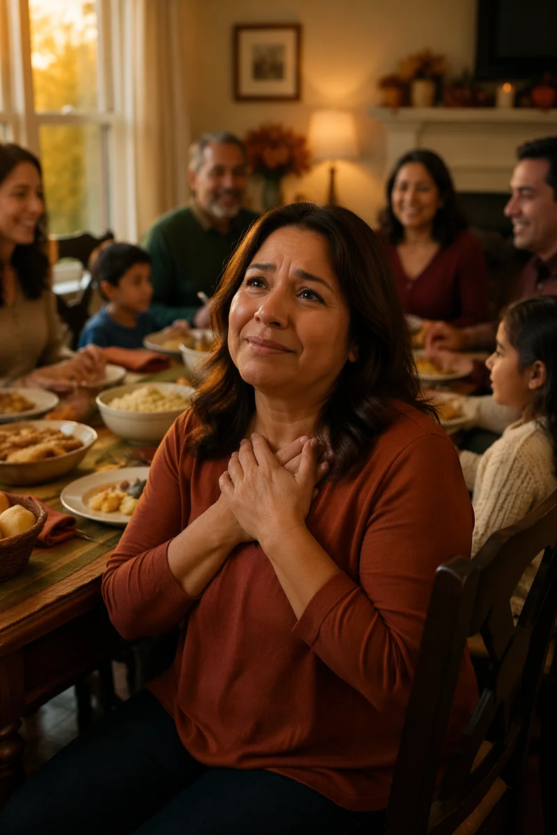 Grateful Woman at Thanksgiving Family Table