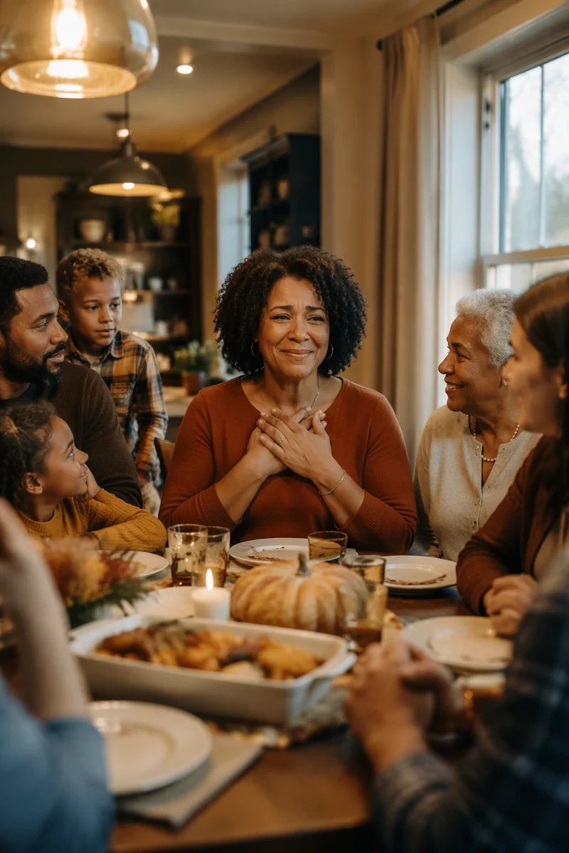 Grateful Family Around Thanksgiving Dinner Table