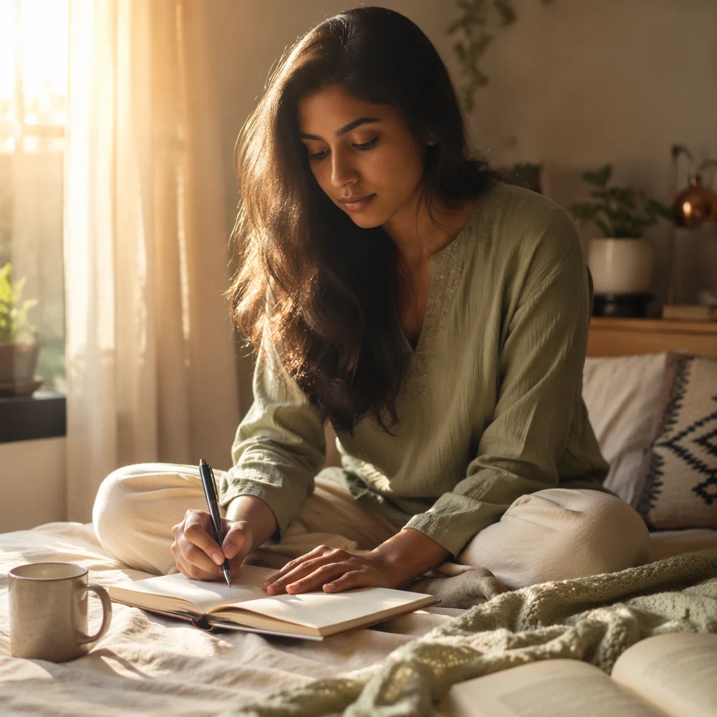 Young Woman Journaling by Sunlit Window