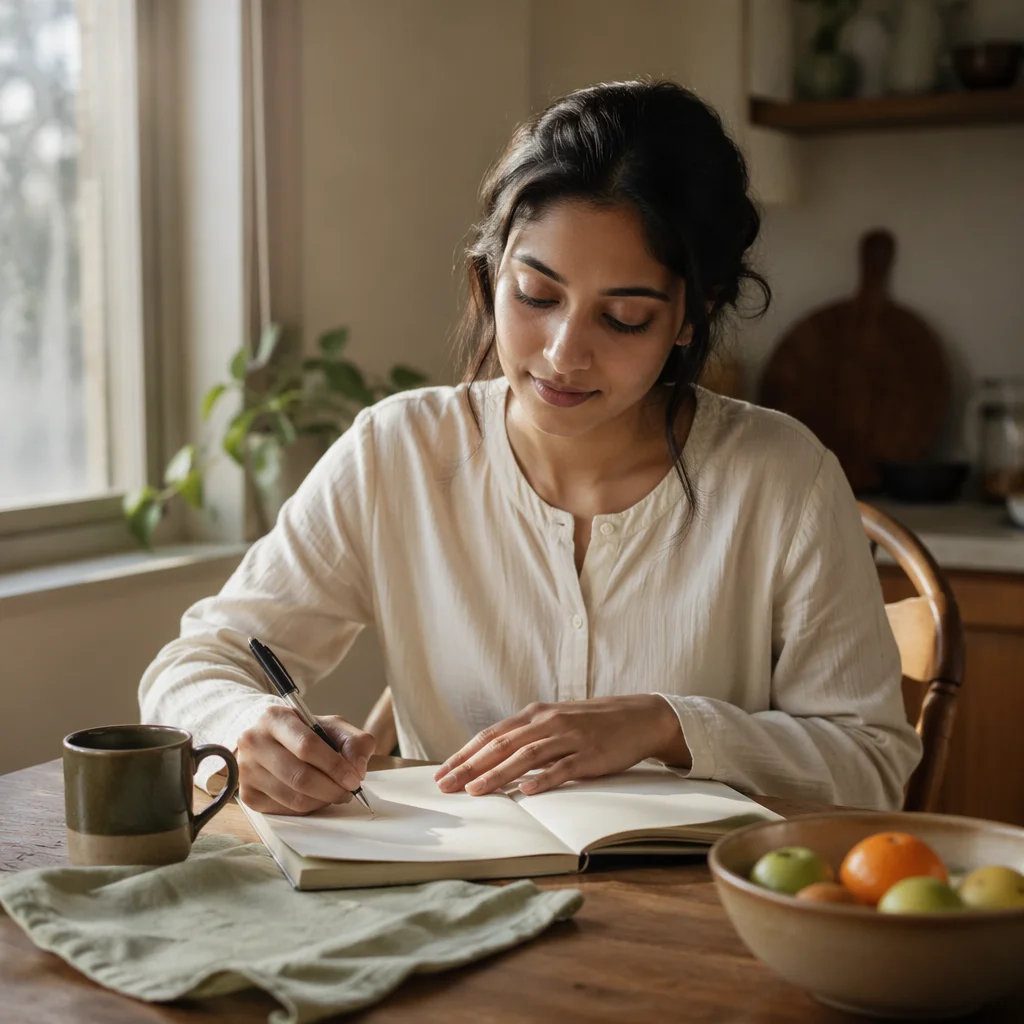 Young Woman Journaling at Dawn Table