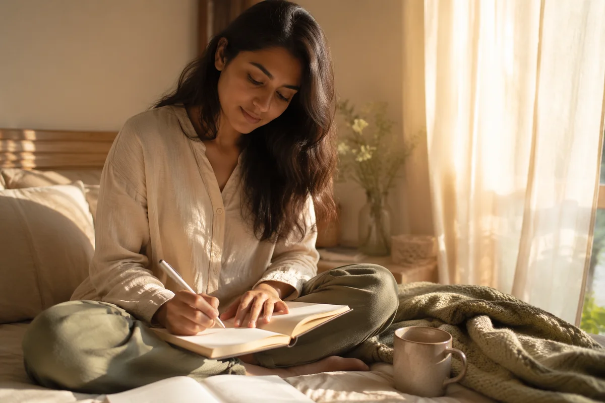 Young Woman Journaling by Sunlit Window