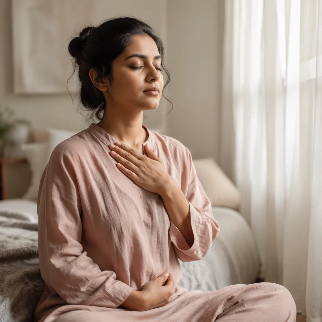 Calm Woman Breathing by Window